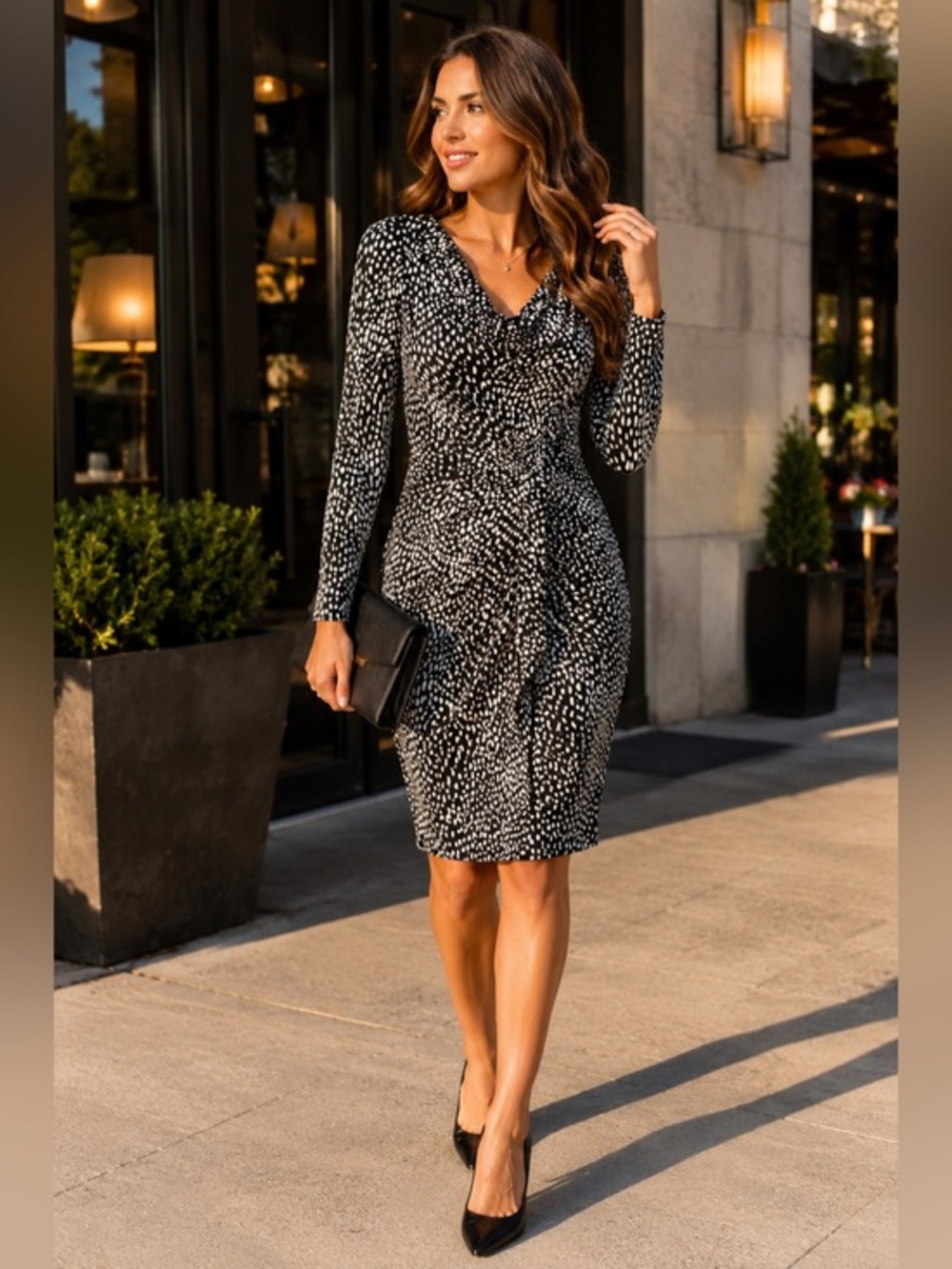 Michael Kors Black White Printed Ruched Sheath Dress Long Sleeve Size S